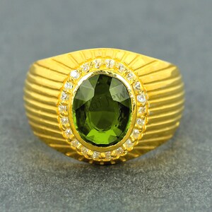 Natural Peridot Ring for Men, Solid 14k Yellow Gold, AAA Quality Peridot, Handmade Gold Engagement Ring, Personalized Gift for Him
