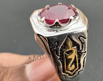 Mens Oval Ruby Ring, Turkish Handmade 925 Sterling Silver, Art Deco