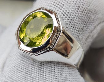 Natural Peridot Ring Men | Sterling Silver Green Gem Ring | August Birthstone | Earthy Handmade Ring for Him&quot;