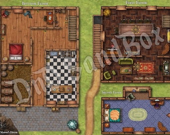 May include: A top-down view of a two-story house floor plan. The bottom floor has a kitchen, dining room, bedroom, and a storage room. The first floor has a living room with a fireplace and a dining room. The second floor has a bedroom with a bed and a desk. The house is labeled "The Mayor's House".