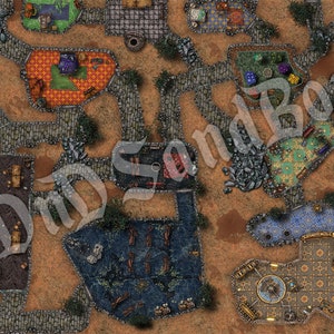 May include: A top-down view of a fantasy village map with a stone path winding through the village. The village is made up of several buildings, each with a unique design and color scheme. The buildings are surrounded by trees and bushes.