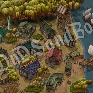 May include: A hand-painted miniature village scene with a variety of buildings, including a church, a tower, and several houses. The village is surrounded by trees and a river.