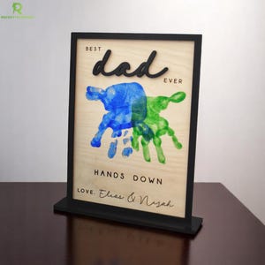 Hands Down Best Dad Ever Personalized Wooden Sign – Custom Handprint Engraved Father’s Day Gift, Keepsake From Kids, Handmade Gift for Dad