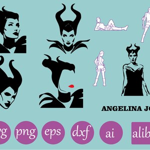 May include: Black and white silhouette images of Angelina Jolie as Maleficent from the Disney movie Maleficent. The images are in various poses and include the text "Angelina Jolie".