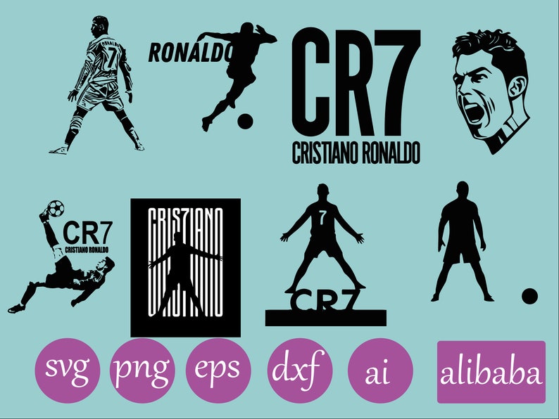 May include: A set of black and white digital design files for a Cristiano Ronaldo silhouette, logo, and text. The files are available in SVG, PNG, EPS, DXF, AI, and Alibaba formats.