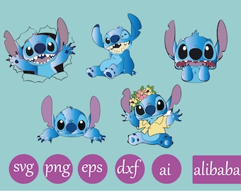 Puede incluir: Cinco ilustraciones digitales diferentes de Stitch de Lilo & Stitch. Stitch es un extraterrestre azul con ojos grandes y dos antenas. Las ilustraciones muestran a Stitch en diferentes poses, incluyendo sonriendo, frunciendo el ceño y pareciendo sorprendido. Las ilustraciones son de estilo de dibujos animados y son adecuadas para usar en proyectos digitales.