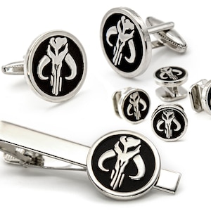Mandalorian Cufflinks, Star Wars Tie Clip, Mando Tuxedo Studs Jewelry, Boba Fett Tie Bar Tack Groomsmen Wedding Gift, Grooms Best Man Gifts