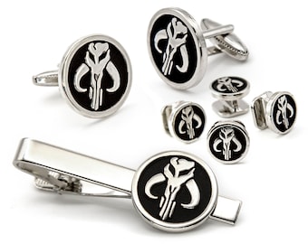 Mandalorian Cufflinks and Tie Clip Set, Star Wars Tuxedo Studs, Boba Fett Groomsmen Gift