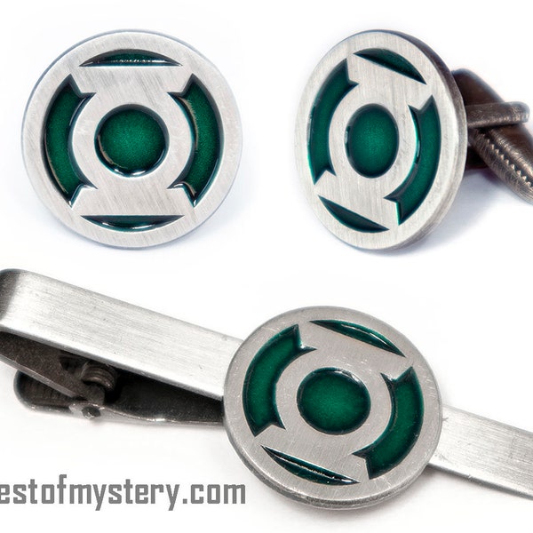 Green Lantern Cufflinks, Justice League Tie Clip, Men's Jewelry, Superhero Tie Bar Tack Groomsmen Wedding Gift, Grooms Best Man Gifts