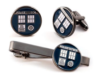 Tardis Cufflinks and Tie Clip Set, Doctor Who Jewelry