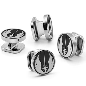 May include: Four silver cufflinks featuring a black and white Rebel Alliance symbol from Star Wars.