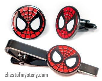 Spider-Man Cufflinks, Avengers Tie Clip, Spiderman Men's Jewelry, Marvel Tie Bar Tack Groomsmen Wedding Gift, Grooms Best Man Gifts