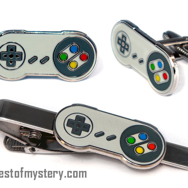 SNES Controller Cufflinks, Nintendo Tie Clip, NES Men's Jewelry, Tie Bar Tack Groomsmen Wedding Gift, Grooms Best Man Gifts