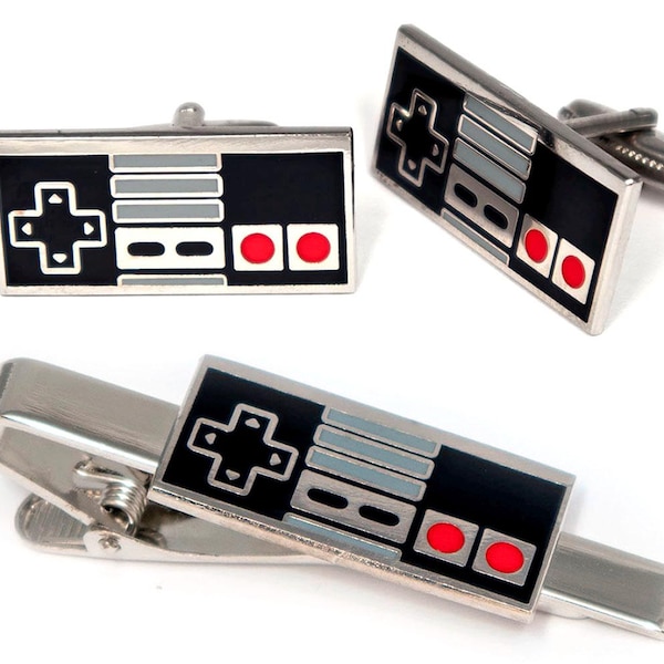 NES Controller Cufflinks and Nintendo Tie Clip Set, Gamer Jewelry