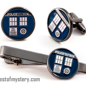 Tardis Cufflinks, Doctor Who Tie Clip, Men&#39;s Jewelry, Tie Bar Tack Groomsmen Wedding Gift, Grooms Best Man Gifts