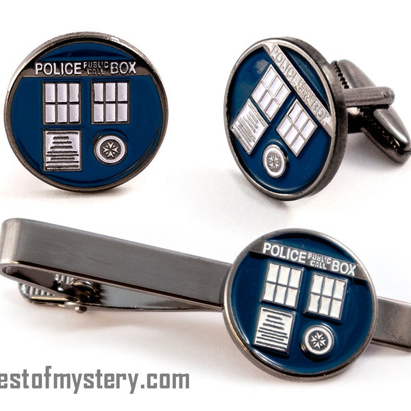 Tardis Cufflinks, Doctor Who Tie Clip, Men's Jewelry, Tie Bar Tack Groomsmen Wedding Gift, Grooms Best Man Gifts