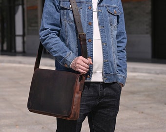 Personalized Full Grain Leather Messenger Bag, 13-inch Laptop Satchel