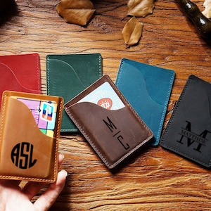 Porta carte in pelle personalizzato, portafoglio per carte di credito in pelle monogrammata, custodia per carte in pelle incisa, regalo degli sposi, regalo del padre, regalo del papà