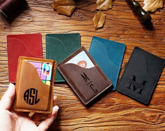 Personalized Leather Card Holder, Monogrammed Engraved Wallet