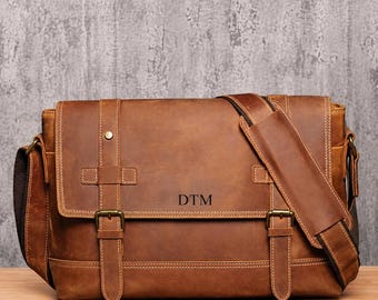 Personalized Vintage Brown Leather Satchel, Men's Messenger Bag