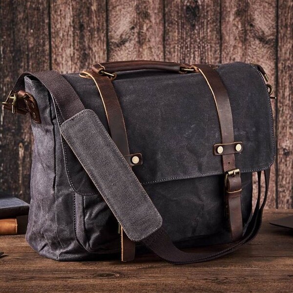 Waterproof Waxed Canvas Briefcase, Men Messenger Bag, 15.6 Inch Laptop Bag, Large Satchel Shoulder Bag, Best Gift for Him, Christmas Gift