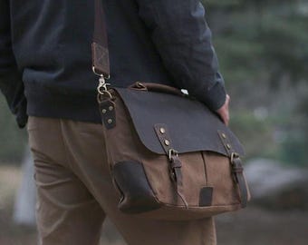 Gepersonaliseerde canvas messengertas, vintage leren canvas aktetas, crossbody schoudertas, laptoptas, herentas, cadeau voor hem