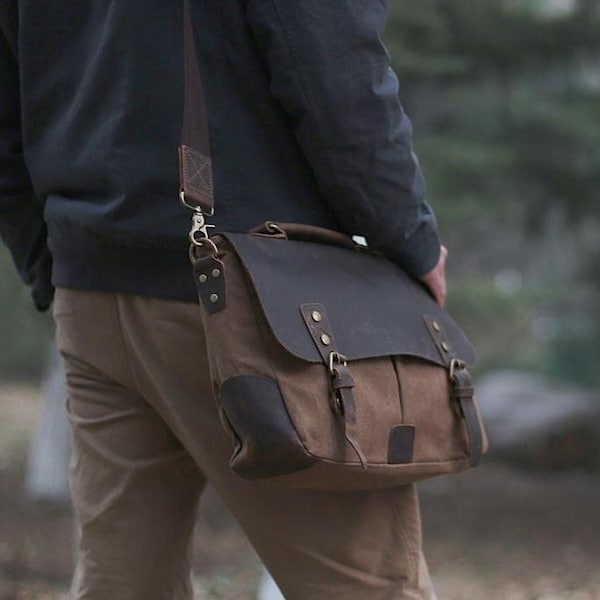 Personalized Canvas Messenger Bag, Vintage Leather Canvas Briefcase, Shoulder Crossbody Bag, Laptop Bag,  Men Satchel, Gift for Him