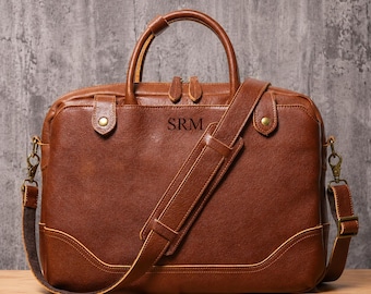 Personalized Full Grain Leather Laptop Messenger Bag, Custom Briefcase