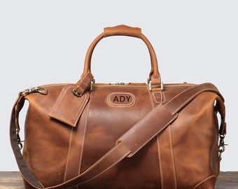Personalized Full Grain Leather Duffle Bag, Vintage Brown Overnight Bag