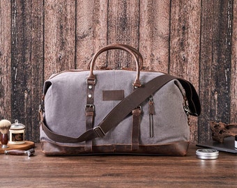 Personalized Canvas Duffle Bag with Leather Straps and Shoe Pouch