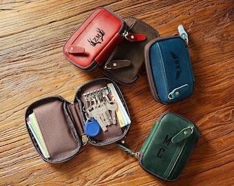 Vintage Leather Key Card Holder, Personalized Cowhide Wallet Organizer