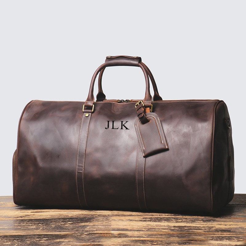 Personalized Leather Duffle Bag With Shoe Compartment, Large Weekend