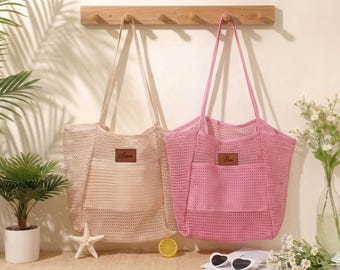 Personalized Beach Tote Bag, Custom Name Mesh Tote, Crochet Summer Bag, Pool Bag, Bridesmaid Gift, Vacation Bag with Leather Patch