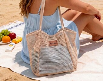 Personalized Beach Tote Bag, Custom Name Tote Bag with Leather Patch, Bridesmaid Gift, Summer Vacation Market Bag, Bachelorette Party Favors