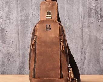 Personalized Leather Sling Bag for Men, Full Grain Leather Crossbody Backpack, Travel Hiking Casual Daypack, Groomsmen Gifts, Gift for Dad