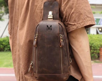 Personalized Leather Chest Bag, Crossbody Shoulder Pack, Travel Hiking Daypack Everyday Use, Gift for Him