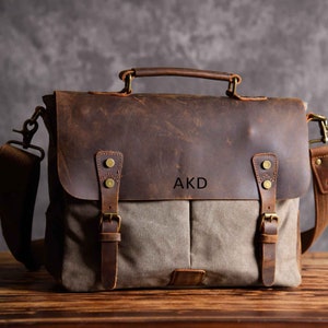 Bolso bandolera de lona personalizado, maletín de lona de cuero vintage, bolso bandolera, bolso para computadora portátil, cartera para hombre, regalo para él