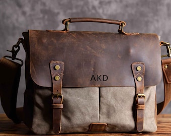 Personalisierte Umhängetasche, Vintage Leder Canvas Aktentasche, Crossbody-Schultertasche, Laptoptasche, Herrentasche, Geschenk für Ihn