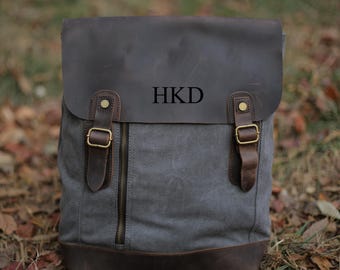 Personalized Waxed Canvas Leather Backpack, Large Travel School Backpack,  Laptop Rucksack