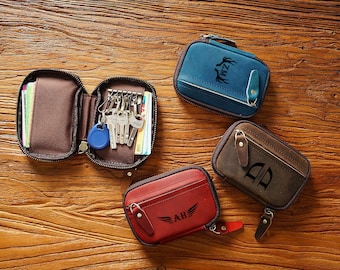 Personalized Leather Key Wallet, Vintage Cowhide Card Holder