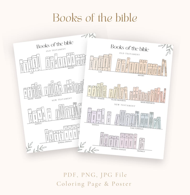 May include: A printable colouring page and poster featuring the books of the Bible. The page is divided into two sections, Old Testament and New Testament, with each book represented by a small book icon. The icons are arranged in order of appearance in the Bible. The page is designed to be a fun and educational way to learn about the books of the Bible.