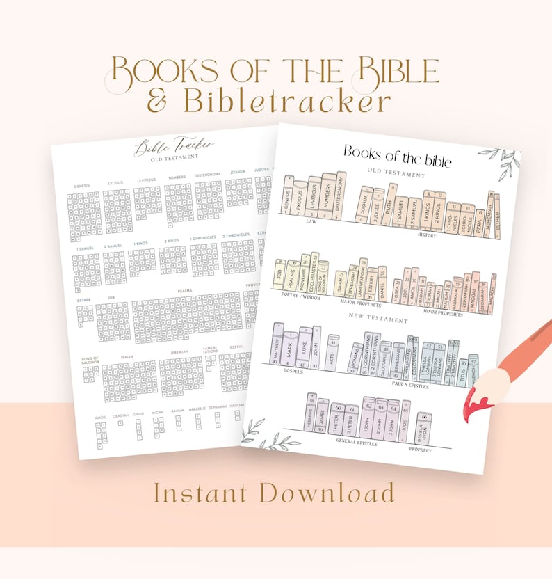May include: A printable Bible tracker featuring a list of all the books in the Old and New Testaments. The tracker is designed to help people keep track of their Bible reading. The image also includes a visual representation of the books of the Bible, with each book represented by a small book icon.