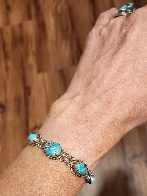 Vintage Sterling Silver Turquoise Link Bracelet w… - image 1