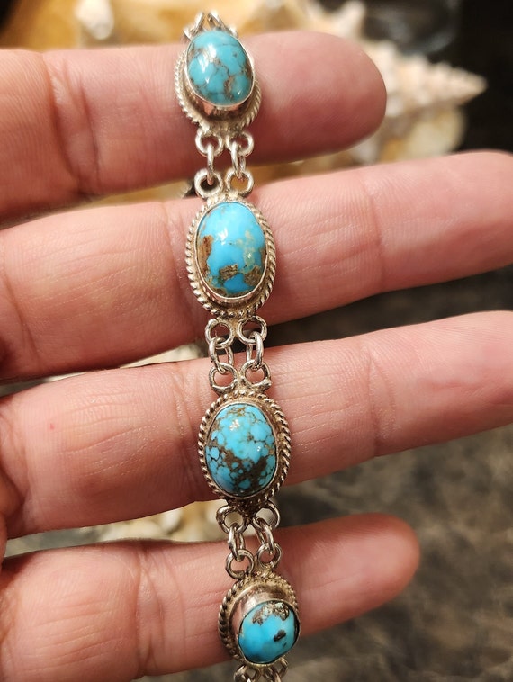 Vintage Sterling Silver Turquoise Link Bracelet w… - image 2