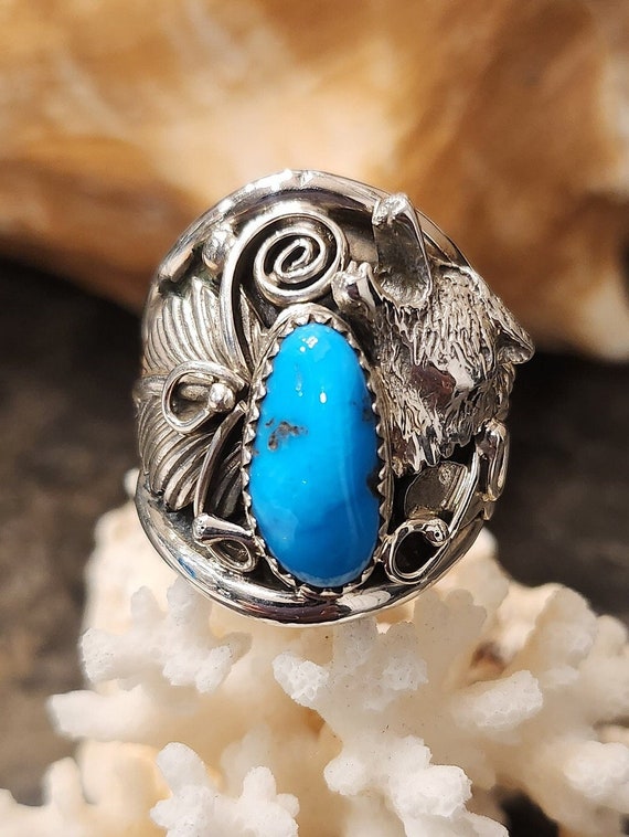 Navajo Sterling Silver Turquoise Wolf Ring with P… - image 1