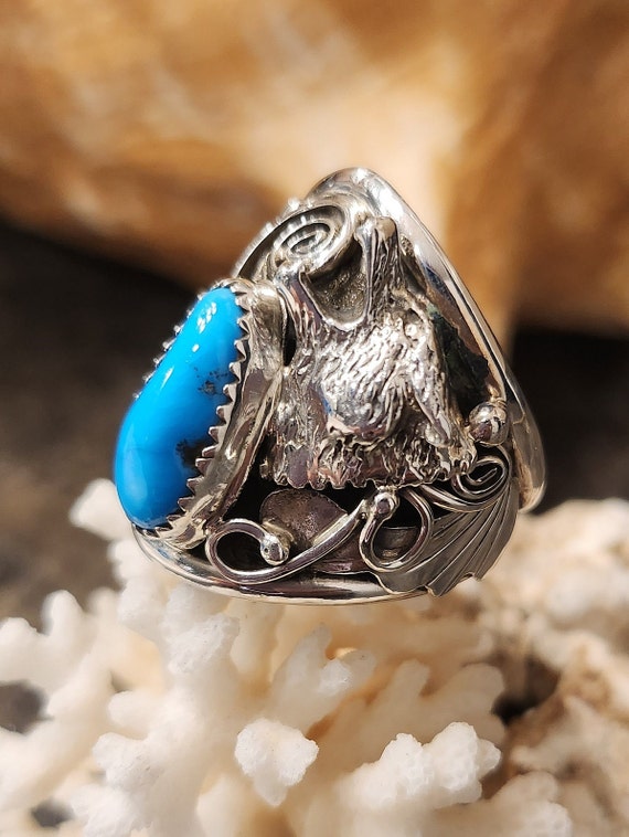 Navajo Sterling Silver Turquoise Wolf Ring with P… - image 3