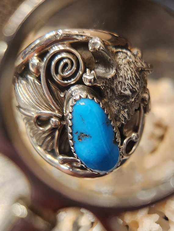 Navajo Sterling Silver Turquoise Wolf Ring with P… - image 4
