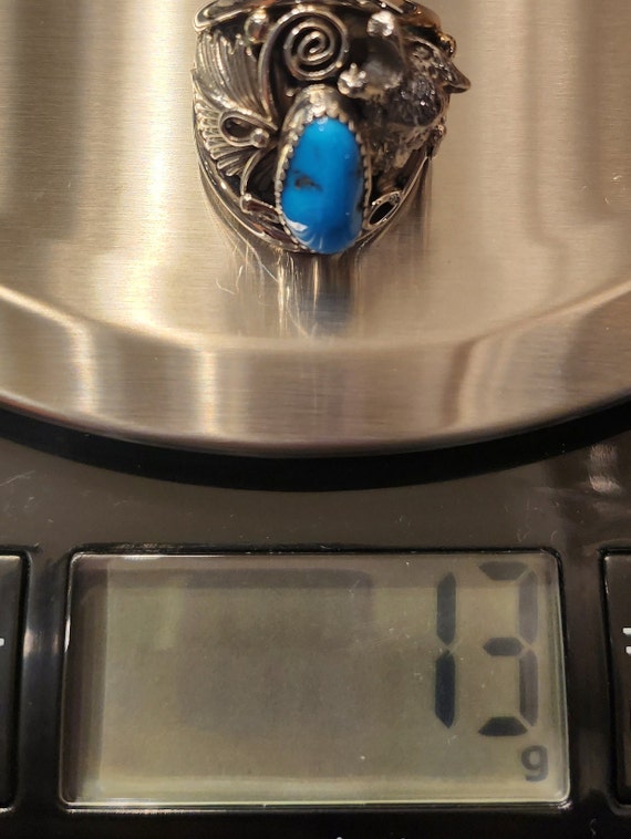 Navajo Sterling Silver Turquoise Wolf Ring with P… - image 10
