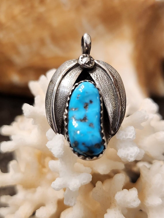 Old Pawn Sterling Silver Turquoise Leaf Pendant