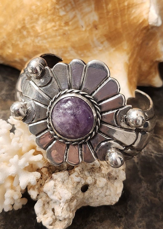 Vintage Mexico Silver Amethyst Cuff Bracelet